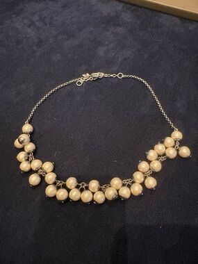 Vintage-Inspired Cream Beaded Statement Necklace – Silver Tone Chain